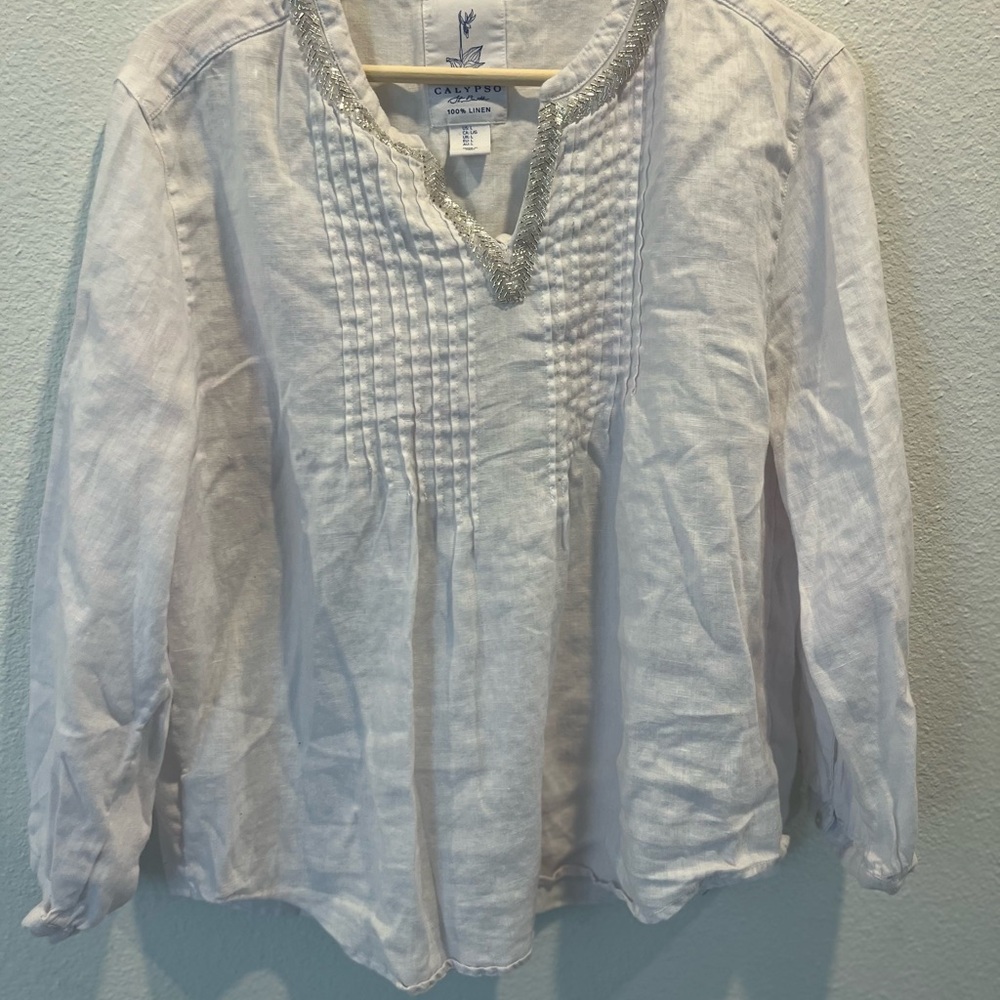 Calypso St. Barth Silver-Trimmed White Linen Shirt - Picture 4 of 10